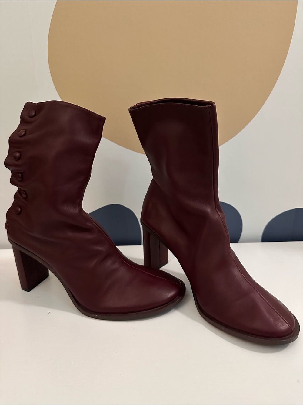 The Row Burgundy Mid-Calf Button-Trim Heeled Boots
